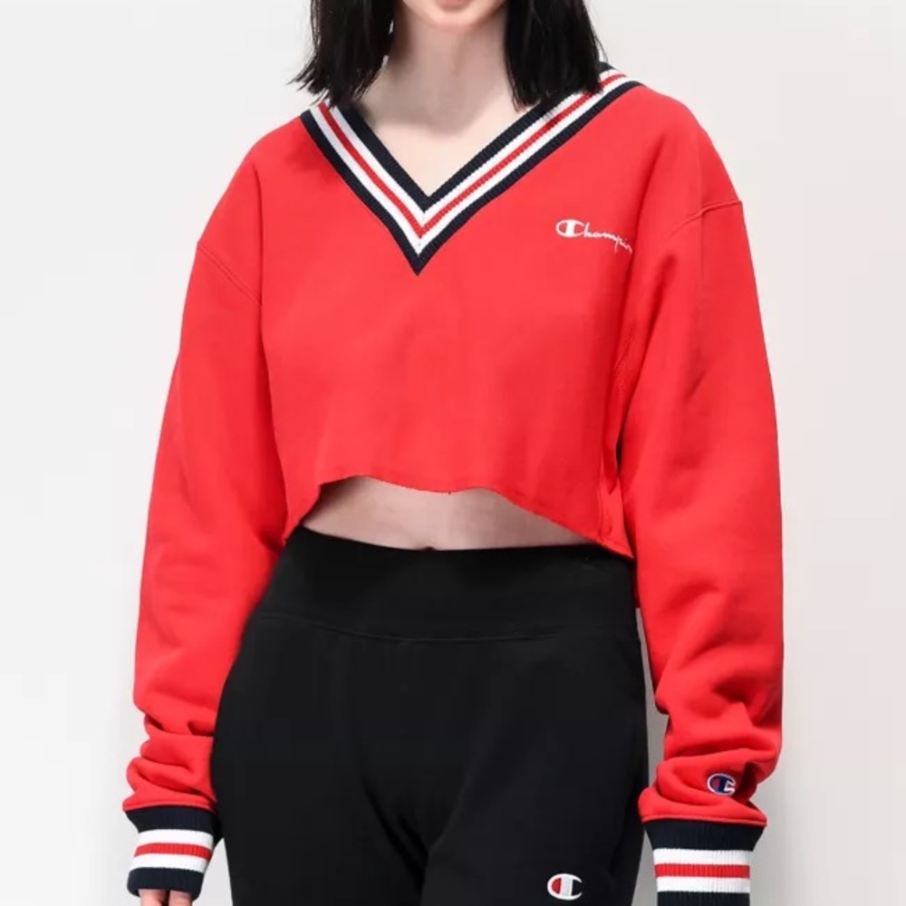 Cropped Red Reverse Weave Champion Sweatshirt